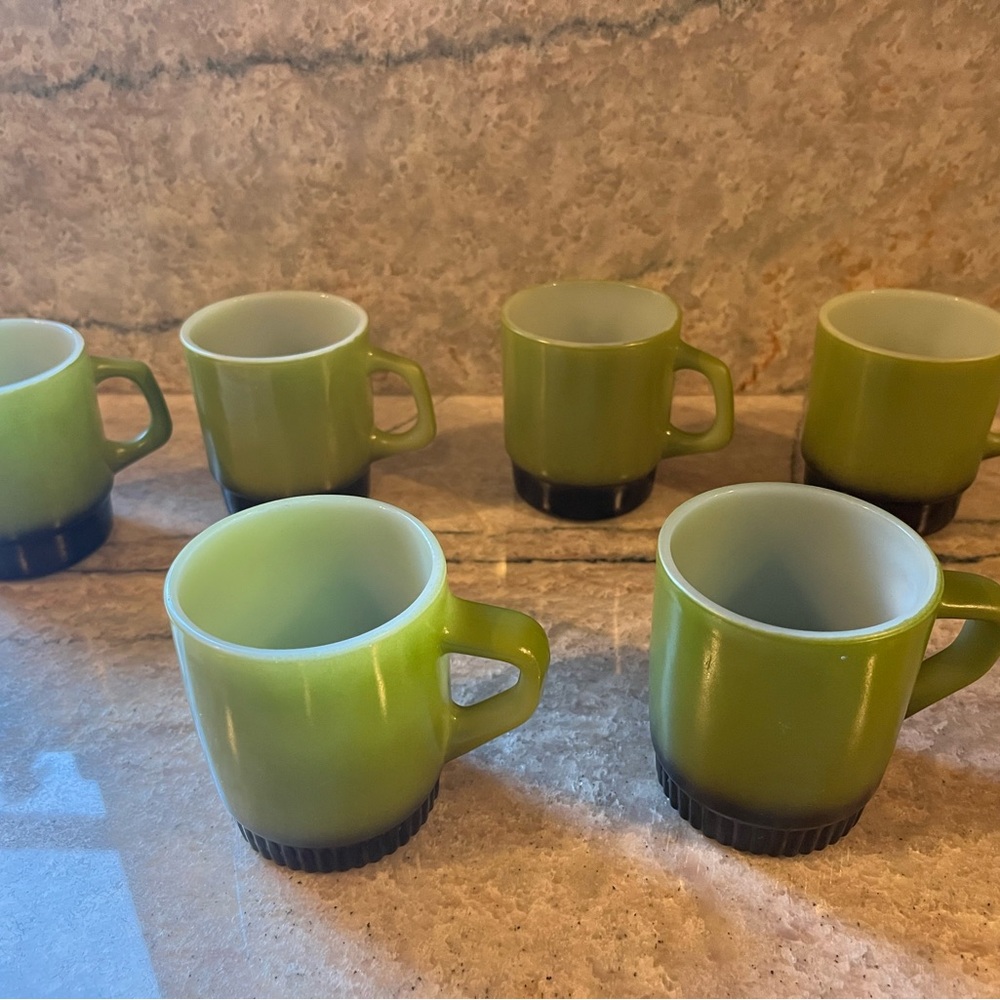 Vintage Anchor Hocking Fire King Glass, Stackable Mugs, Avocado Green/Black